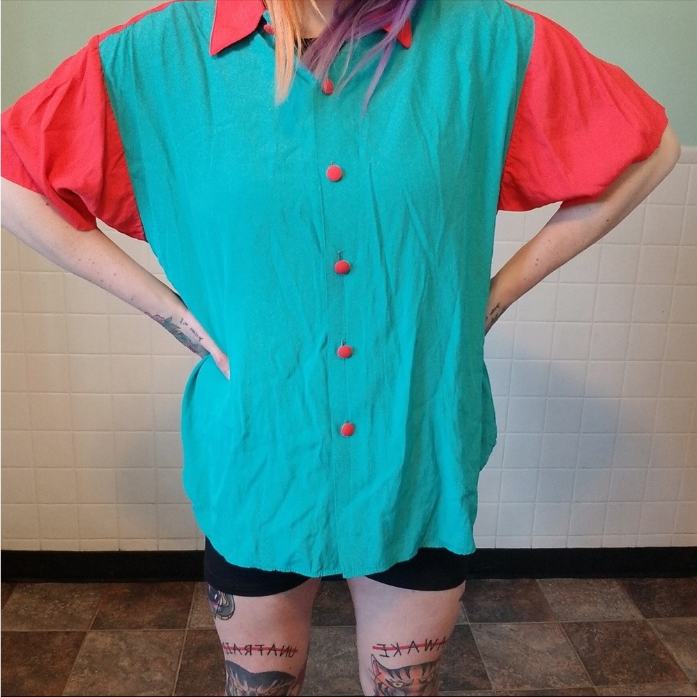 Vintage 1980's 80's Neon Flourescent Color Block Red Short Sleeve Bowling Shirt